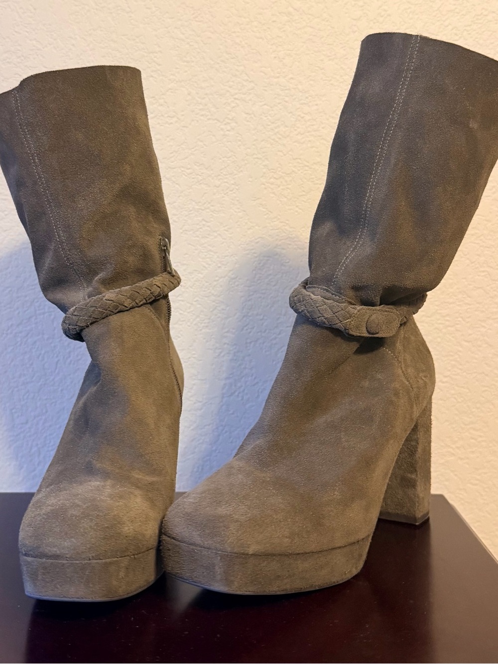 Free People Olive Taupe Suede Braided Strap Block Heel Ankle Boots